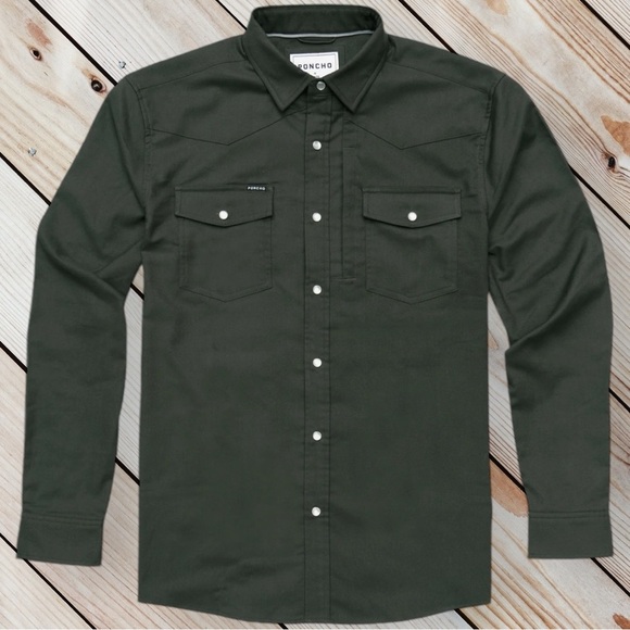 Poncho Men's Pearl Snap Flannel Shirt The Laramie Dark Green Fishing Cabin Core - Picture 1 of 15